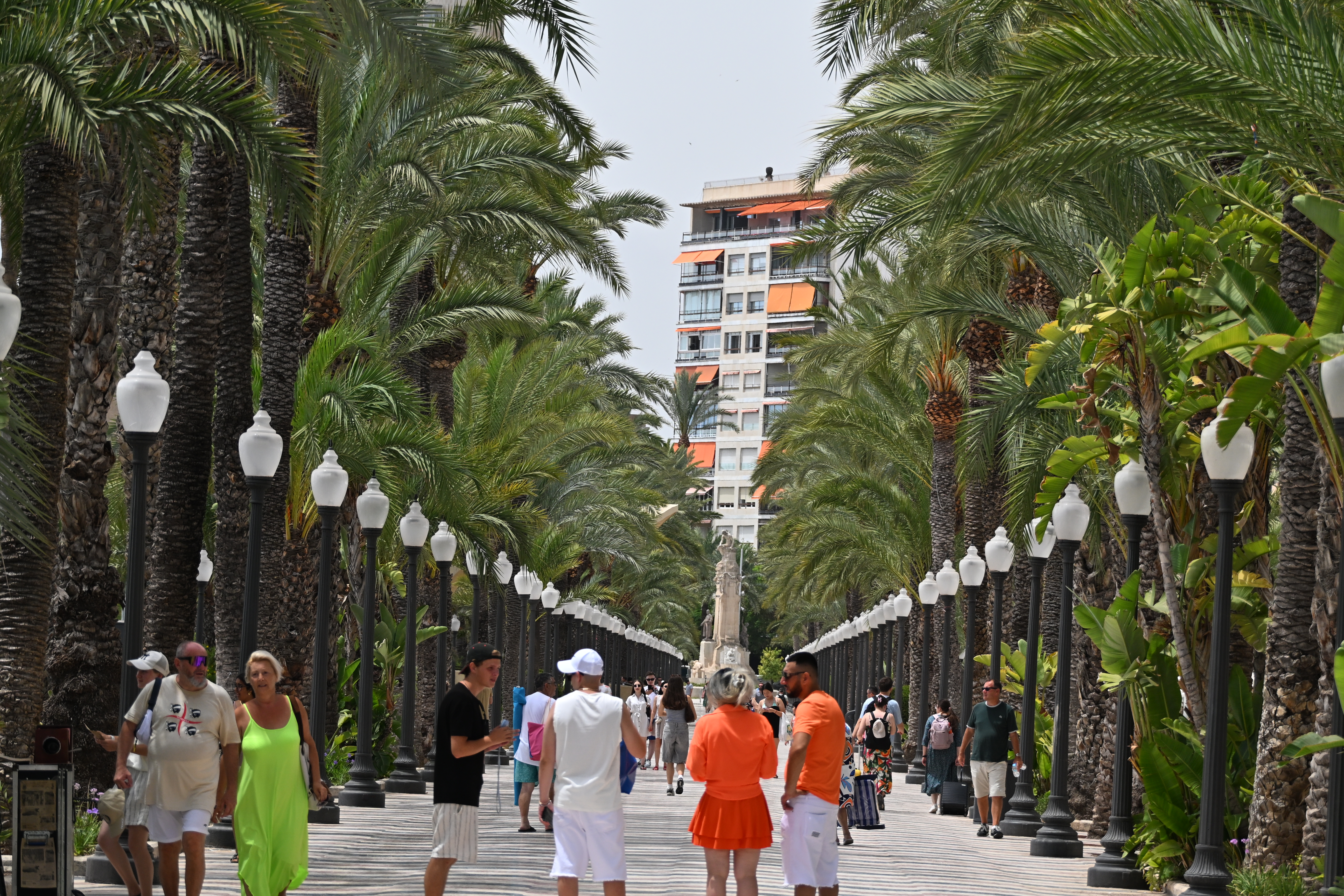 Belebte Promenade in Alicante mit hohen Palmen, historischen Straßenlaternen, Spaziergängern und einem Denkmal in der Ferne.