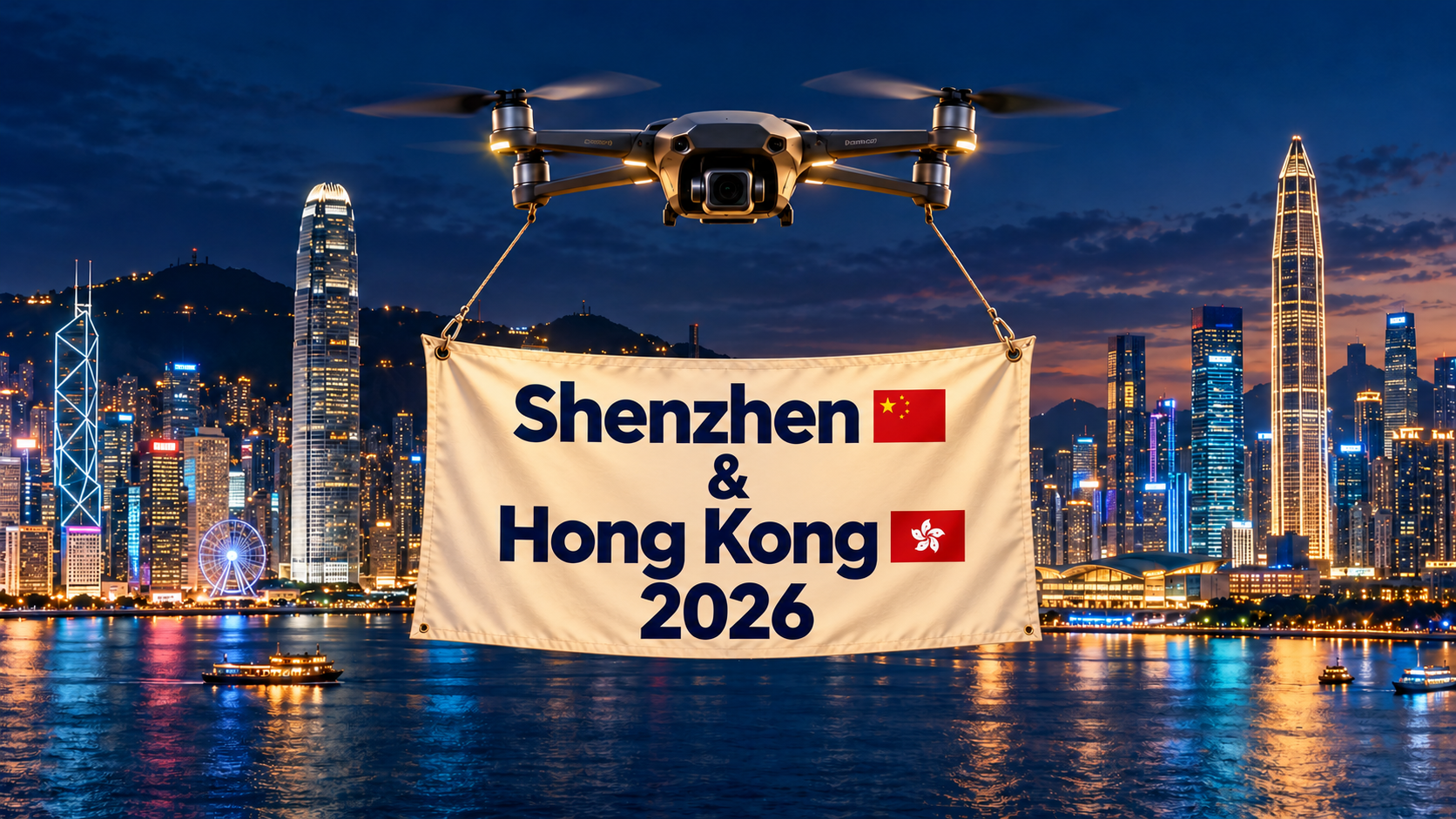 KI-generierte Skyline mit Drohne und Banner Shenzhen & Hong Kong 2026