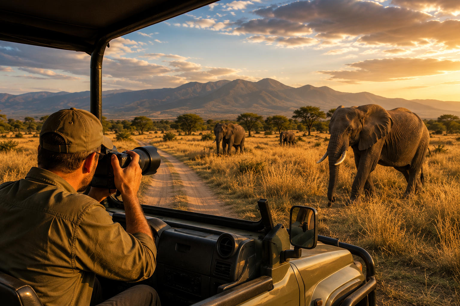 Safari photographer in an open safari vehicle